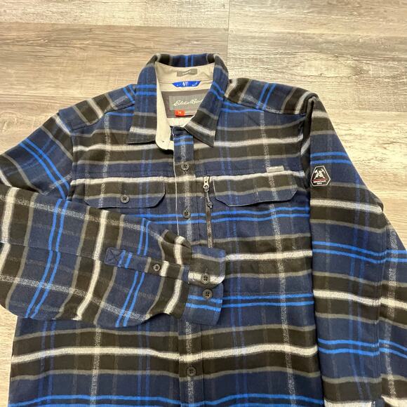Eddie Bauer Blue White Mens TXL Plaid Tartan Shacket Mountain Ops Flannel Shirt - Picture 2 of 10